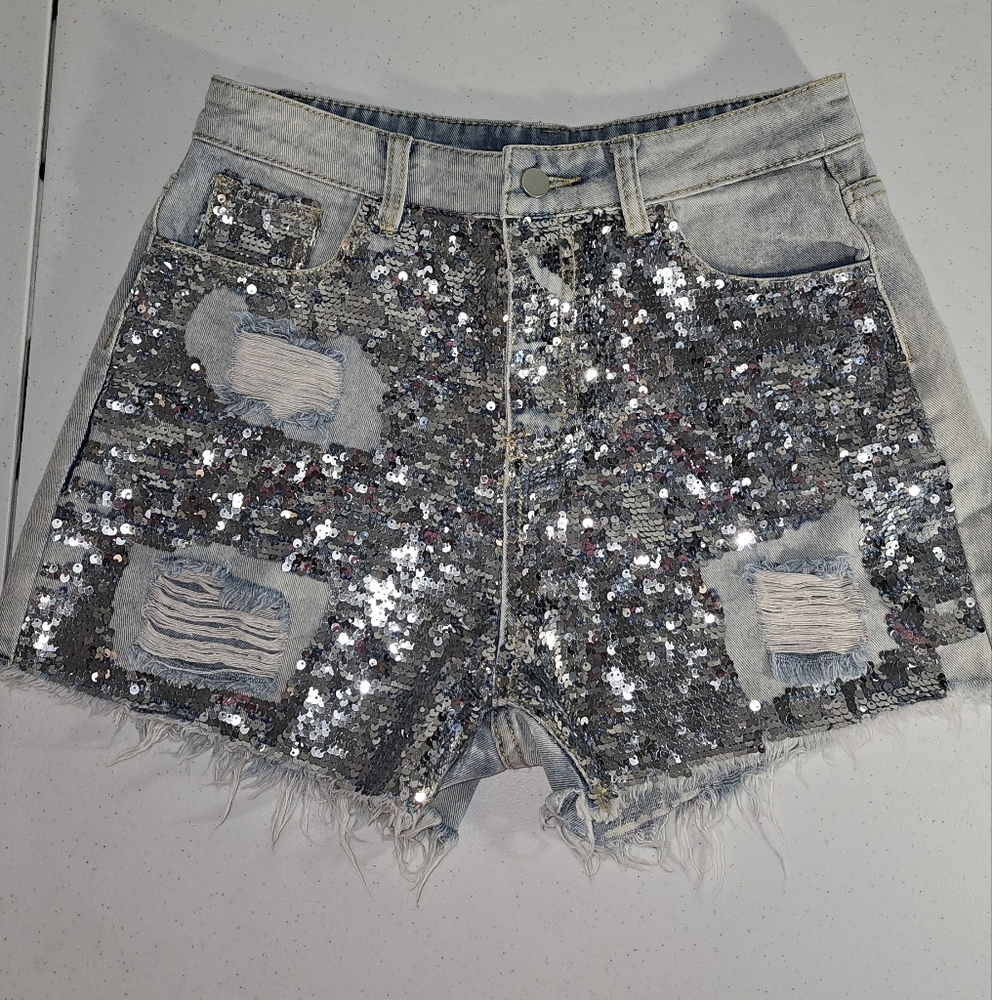 Coastal Cowgirl Silver Sequin Distressed Daisy Duke Denim Hi-waist Cheeky Shorts